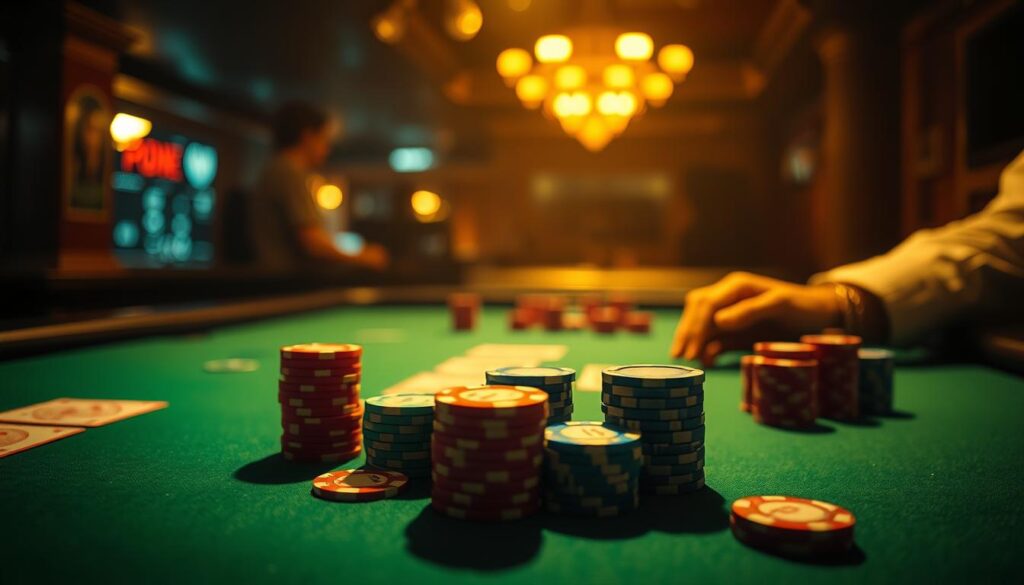 A dimly lit casino table, the green felt surface casting a subtle glow. Poker chips in varying denominations are neatly stacked, their colors ranging from vibrant red to subtle blue. A pair of hands, carefully considering their next move, hover above the table, fingers poised to adjust the bets. The background is blurred, drawing the focus to the strategic placement of the chips and the intense concentration on the player's face. Warm, golden lighting casts dramatic shadows, creating a sense of tension and anticipation. The camera angle is slightly elevated, providing a bird's-eye view of the scene, emphasizing the carefully crafted betting strategy.