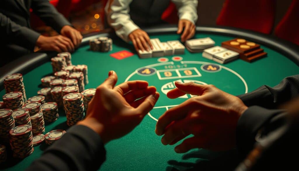 A dimly lit casino table, the green felt surface casting a warm glow under the soft amber lighting. Meticulously arranged stacks of casino chips in various denominations sit alongside the table's edge, waiting to be wagered. A dealer's hands deftly shuffle a deck of cards, the rhythmic sound adding to the atmosphere of anticipation. In the foreground, a player's hands hover over the betting area, poised to make a strategic move, reflecting the importance of disciplined money management in the high-stakes game of Baccarat.