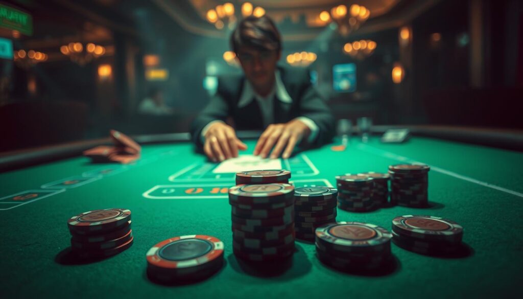 A dimly lit casino table, the green felt surface casting an inviting glow. In the foreground, a stack of casino chips in various denominations, arranged in a strategic pattern, symbolizing the careful planning of a betting strategy. The middle ground features a pair of hands delicately arranging the chips, the focus and concentration evident on the player's face. In the background, the hazy atmosphere of the casino is visible, with the distant chatter and clinking of glasses adding to the ambiance. The lighting is soft and dramatic, creating a sense of contemplation and decision-making. The overall mood is one of calculated risk and calculated reward, perfectly capturing the essence of "投注策略" in the context of the baccarat game.