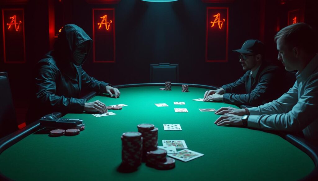 A dimly lit casino table, the green felt surface casting an inviting glow. On one side, the dealer, their face masked in shadow, representing the "banker" or "house." Across the table, the players, their expressions intent, personifying the "player" or "punter." The contrast between the two sides is palpable, illustrating the inherent mathematical advantage the house holds over the individual gambler. Meticulously rendered chips, cards, and casino accoutrements lend an air of authenticity to the scene. The lighting is dramatic, creating a sense of tension and anticipation, as if the moment before a crucial hand is dealt. The overall atmosphere evokes the thrill and risk of high-stakes gambling, setting the stage for an analysis of the strategic implications of the house edge.
