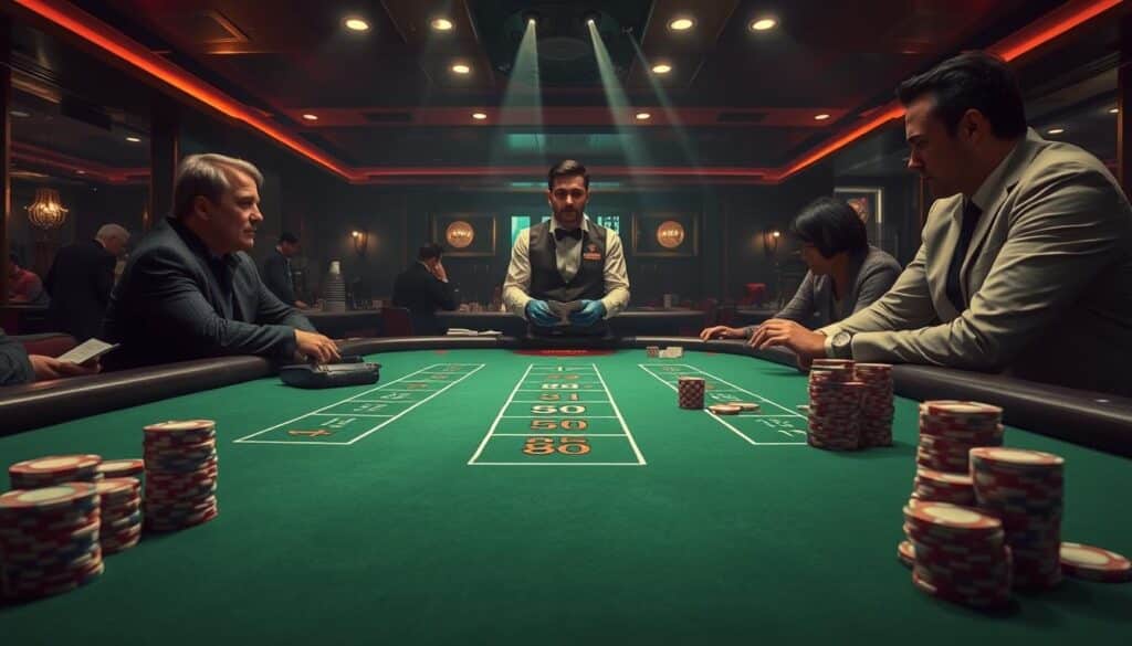 A dimly lit casino table, the green felt surface catching the subtle glow of overhead lighting. Crisp, clean lines define the baccarat layout, with minimalist markings guiding the players' hands. Stacks of casino chips in varying denominations sit at the ready, anticipating the next round of bets. The dealer, dressed in a smart uniform, stands poised, cards in hand, ready to reveal the outcome of the game. An air of anticipation and excitement permeates the scene, as seasoned gamblers lean in, focused on the unfolding action. The overall atmosphere conveys the timeless allure and elegance of the baccarat experience.