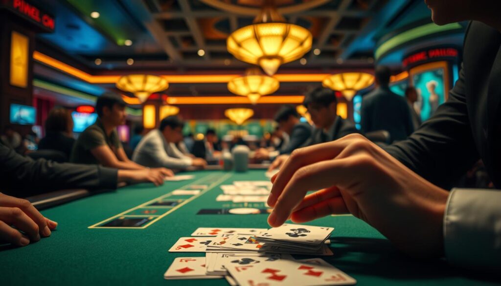 A dimly lit casino table, the green felt surface contrasted by the warm glow of overhead lamps. Taiwan's baccarat enthusiasts lean in, studying the cards with intense focus. In the foreground, a player's hand delicately arranges their cards, fingers tracing the edges as they weigh their next move. The background reveals a panoramic view of the casino, patrons engaged in lively discussion, the air thick with anticipation. A sense of strategic contemplation pervades the scene, as the players deploy their hard-earned techniques, honed through countless hours of practice and experience. The composition emphasizes the calculated, almost meditative approach characteristic of Taiwanese baccarat aficionados.