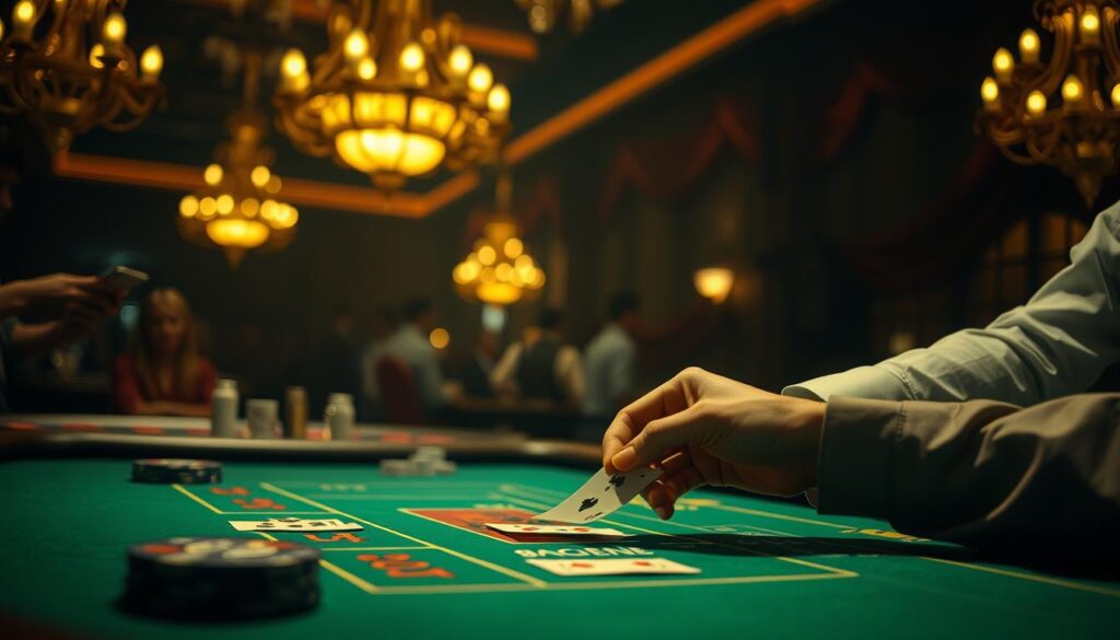 A dimly lit casino table, the green felt surface contrasting with the warm glow of overhead chandeliers. In the foreground, a pair of hands delicately manipulate the cards, their movements precise and methodical. The background is a hazy blur of onlookers, their faces obscured by the atmospheric lighting, creating a sense of tension and anticipation. The scene captures the essence of the section "百家樂技巧實戰應用", showcasing the strategic play and mastery required to excel at this classic casino game.