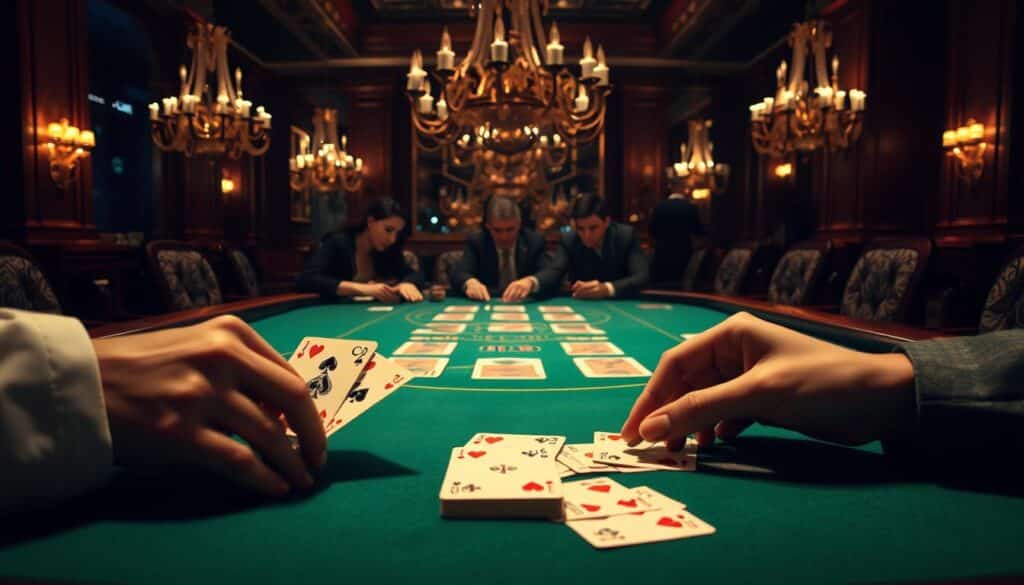 A dimly lit casino table, the green felt surface contrasting with the warm wooden accents. In the foreground, elegant hands deftly manipulate playing cards, the iconic baccarat game unfolding. The middle ground captures the tense expressions of players, leaning in with anticipation. In the background, opulent chandeliers cast a soft glow, hinting at the rich history and evolution of this age-old game. The scene evokes the allure and mystery of baccarat, a timeless pastime steeped in tradition and strategic nuance.