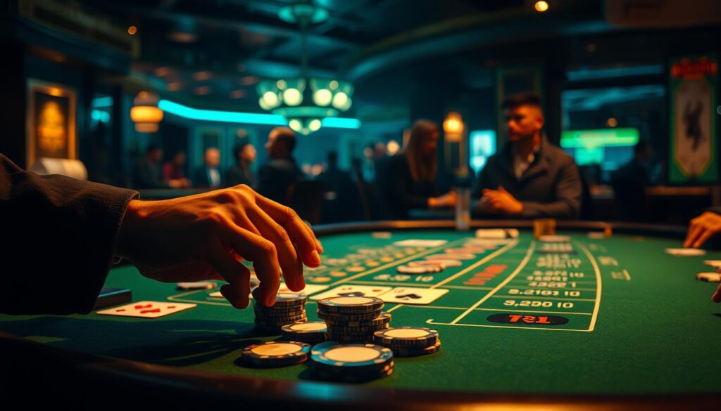 A dimly lit casino table, the green felt surface dotted with betting chips and cards. In the foreground, a hand carefully arranges a stack of chips, contemplating the next strategic move. The middle ground showcases the diverse betting options - straight-up, split, corner, and more - each with unique odds illustrated by subtle infographic elements. The background reveals the hushed atmosphere of the casino, players leaning intently over the table, the air thick with concentration. Warm lighting casts dramatic shadows, heightening the sense of importance and high-stakes decision-making. The overall tone conveys the calculated analysis and risk-reward considerations inherent in common baccarat betting strategies.