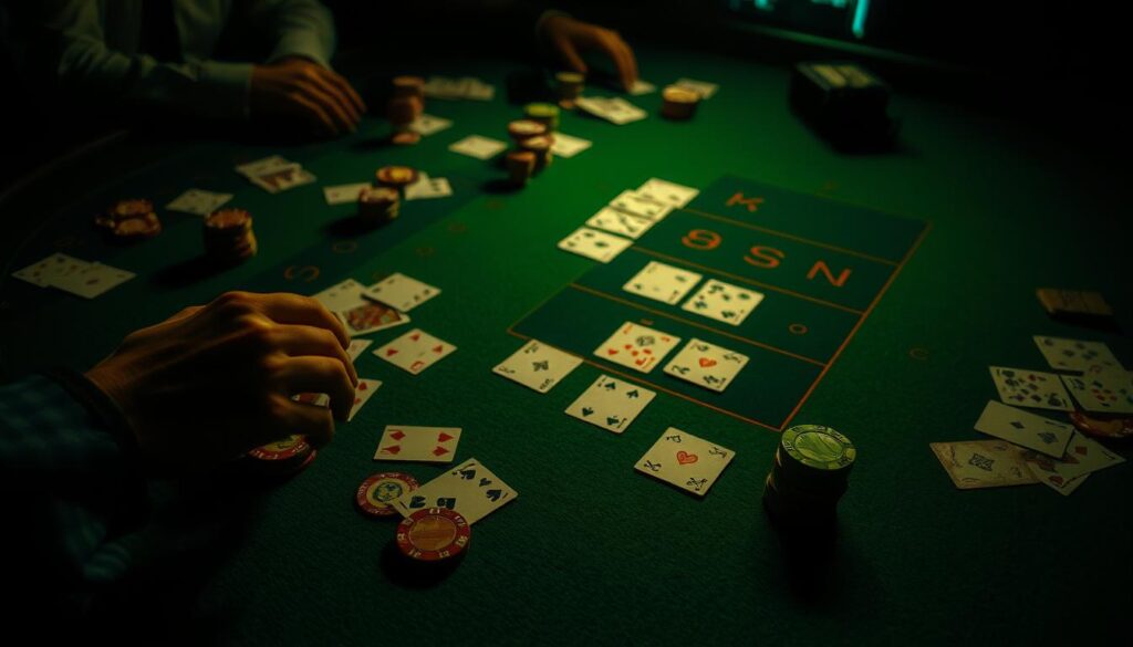 A dimly lit casino table, the green felt surface dotted with casino chips and cards meticulously arranged. A player's hand hovers over the table, studying the patterns and trends emerging from the dealt cards. The atmosphere is one of intense focus and strategic contemplation, as the player seeks to discern the hidden logic of the cards. Soft, dramatic lighting casts long shadows, creating a sense of depth and intrigue. The camera angle is slightly elevated, allowing the viewer to observe the scene from an analytical perspective, as if peering over the player's shoulder. The overall mood is one of thoughtful observation, where the subtle nuances of the game are dissected and understood.