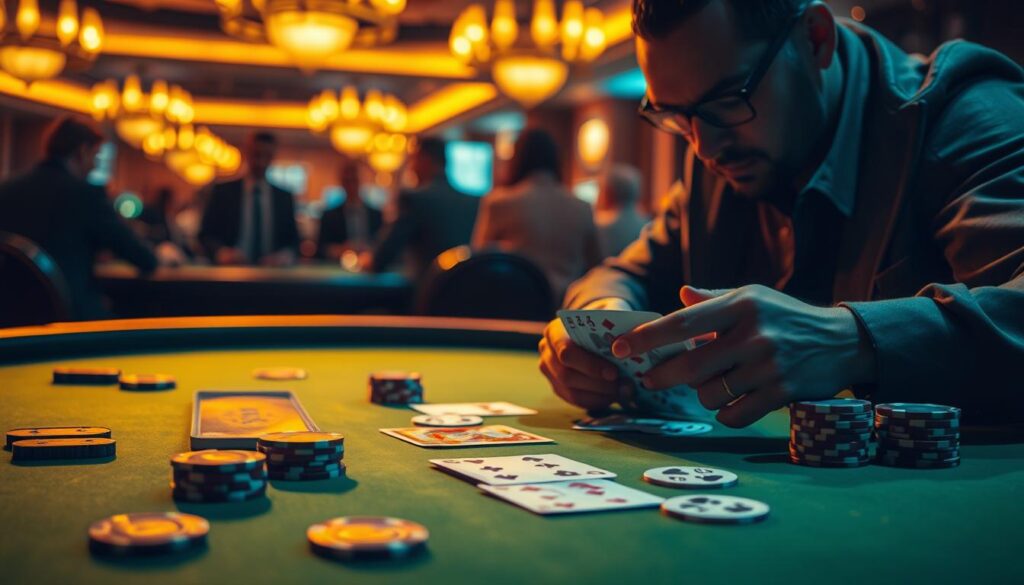 A dimly lit casino table, the green felt surface dotted with casino chips and playing cards. In the foreground, a gambler's hands intently studying the cards, deep in concentration. The table is illuminated by warm, golden lighting, casting a cozy, intimate atmosphere. In the background, the blurred silhouettes of other players and the casino's ambiance create a sense of energy and anticipation. The composition emphasizes the gambler's focus and the tactical nature of the game, capturing the essence of skillful baccarat strategy.