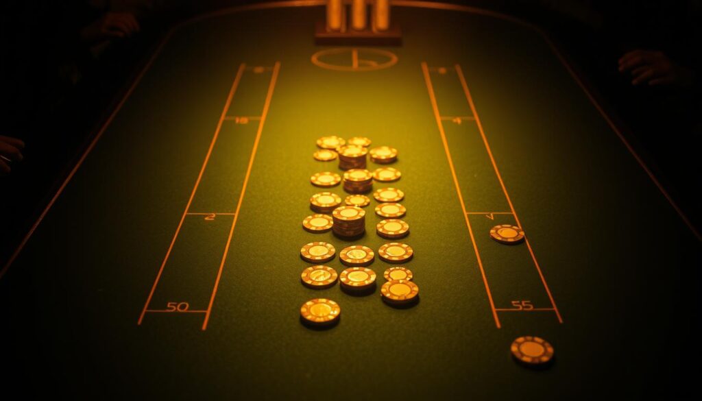 A dimly lit casino table, the green felt surface dotted with casino chips in a precise arrangement, representing a fixed betting strategy for the baccarat game. Overhead, a warm, golden light casts dramatic shadows, creating a sense of intensity and focus. The chips are organized in a deliberate pattern, suggesting a calculated approach to the game. The table's edges are subtly blurred, drawing the viewer's attention to the central arrangement of chips. The overall atmosphere is one of concentration and strategic decision-making, reflecting the detailed section on the "fixed betting method" within the broader article on mastering the baccarat game.