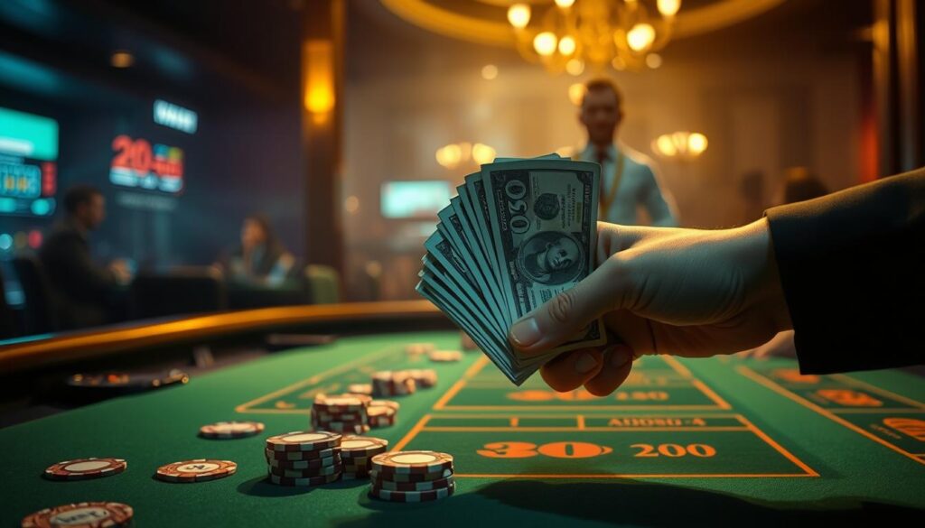 A dimly lit casino table, the green felt surface dotted with casino chips in various denominations. In the foreground, a hand grasps a stack of bills, poised to make a strategic bet. The background is hazy, with the faint outlines of other players and the croupier's watchful gaze. The lighting is warm and atmospheric, casting a golden glow over the scene. The composition emphasizes the decision-making process, the tension and anticipation of the game. The image conveys the thrill and challenge of devising winning baccarat strategies, the careful consideration of each move.