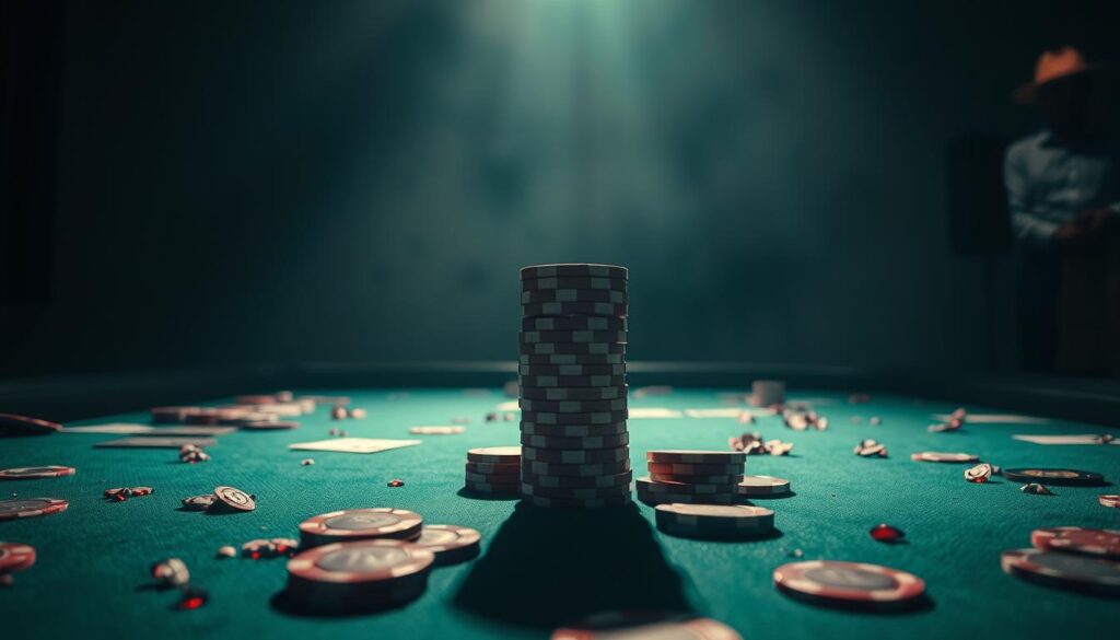 A dimly lit casino table, the green felt surface dotted with discarded chips and cards. At the center, a stack of casino chips teeters precariously, symbolizing the "下注錯誤" - a mistake in betting strategy that leaves the player in a precarious position. Shadows loom in the background, adding a sense of tension and unease. The lighting is dramatic, casting sharp contrasts and emphasizing the high-stakes nature of the game. The composition is tight, focused on the central stack of chips, drawing the viewer's eye to the heart of the problem. An air of disappointment and regret permeates the scene, a cautionary tale of the consequences of poor betting decisions.
