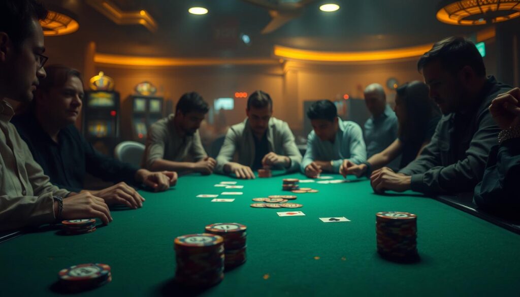 A dimly lit casino table, the green felt surface dotted with poker chips and cards in the foreground. In the middle ground, a group of players intently focused on their hands, expressions intense as they contemplate their next move. The background is hazy, with the faint glow of slot machines and the occasional flash of a camera. Soft, warm lighting casts dramatic shadows, creating an atmosphere of heightened anticipation and strategic gameplay. The scene captures the essence of a classic 百家樂game, where players apply their skills and cunning to outmaneuver the house.