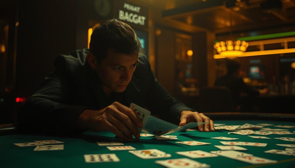 A dimly lit casino table, the green felt surface dotted with scattered playing cards. A careful observer leans in, studying the patterns and sequences revealed by the dealt hands. Soft, warm lighting casts shadows, highlighting the intensity of their gaze as they decipher the unfolding baccarat game. The air is thick with anticipation, the player's intuition and experience guiding their analysis of the cards' trajectories. A sense of focus and concentration permeates the scene, the observer seeking to unlock the secrets hidden within the card layouts, to gain an edge in the captivating world of baccarat.