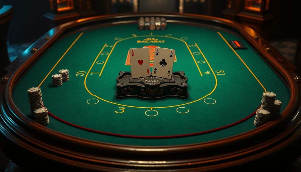 A dimly lit casino table, the green felt surface gleaming under soft, warm lighting. Elegant wooden trim outlines the table, its corners accented with decorative brass fittings. Stacks of casino chips in various denominations are neatly arranged, ready for play. In the center, an ornate, raised platform displays the classic symbols of Baccarat - two cards face up, the dealer's hand and the player's hand. The atmosphere is one of subtle sophistication, inviting the viewer to imagine the rules and strategies of this timeless casino game.