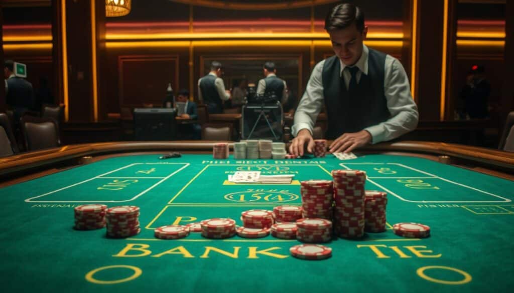 A dimly lit casino table, the green felt surface gleaming under soft, warm lighting. Elegant wooden borders frame the layout, with prominent markings outlining the different betting areas - Player, Banker, Tie. Stacks of casino chips in varying denominations sit ready, awaiting the skilled hands of seasoned gamblers. The air is thick with anticipation as the dealer, clad in a crisp white shirt and black vest, prepares to deliver the cards, their skilled movements precise and practiced. The scene conveys the essence of the classic baccarat game, its timeless allure and the strategic decision-making that captivates seasoned players.