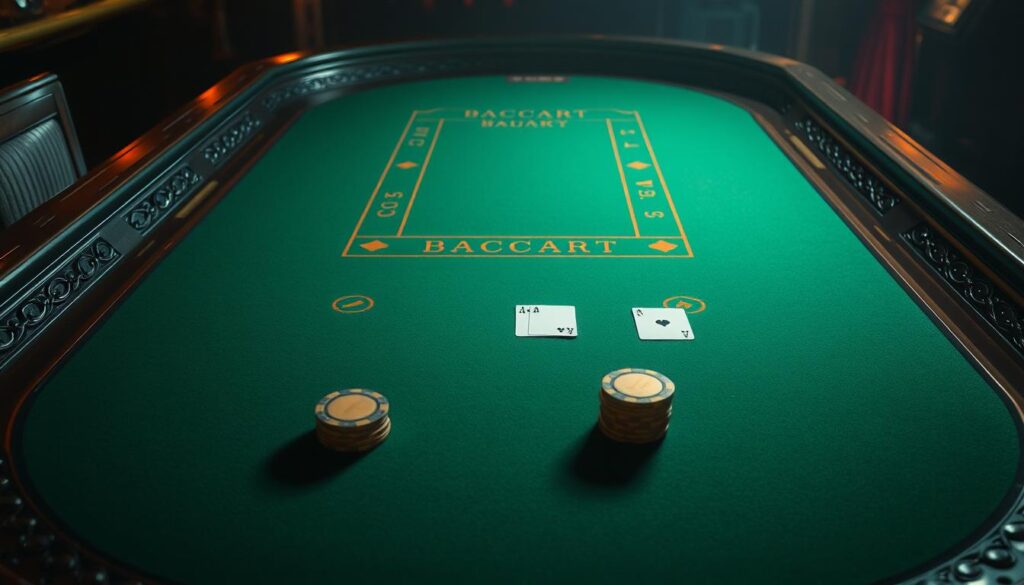 A dimly lit casino table, the green felt surface gleaming under soft, warm lighting. In the center, a traditional Baccarat layout with designated player and banker positions, elegant gold-rimmed chips, and a pair of pristine playing cards. The table is framed by intricately carved wooden details, evoking the classic ambiance of an exclusive gambling establishment. The scene conveys a sense of anticipation and strategic decision-making, capturing the essence of the fundamental rules and gameplay of the century-old 百家樂 (Baccarat) casino game.