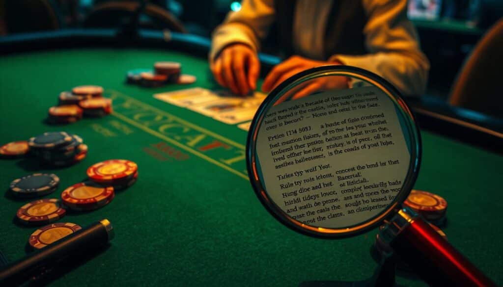 A dimly lit casino table, the green felt surface gleaming under soft, warm lighting. Intricate details of the casino chips, their edges sharp and their colors vibrant, are carefully arranged. The dealer's hands, poised and graceful, deal the cards with precision. In the foreground, a magnifying glass reveals the subtle nuances of the game's mechanics - the odds, the strategies, the hidden complexities often overlooked by casual players. The atmosphere is one of quiet contemplation, where the true mastery of baccarat lies in the understanding of its often-neglected rulebook.