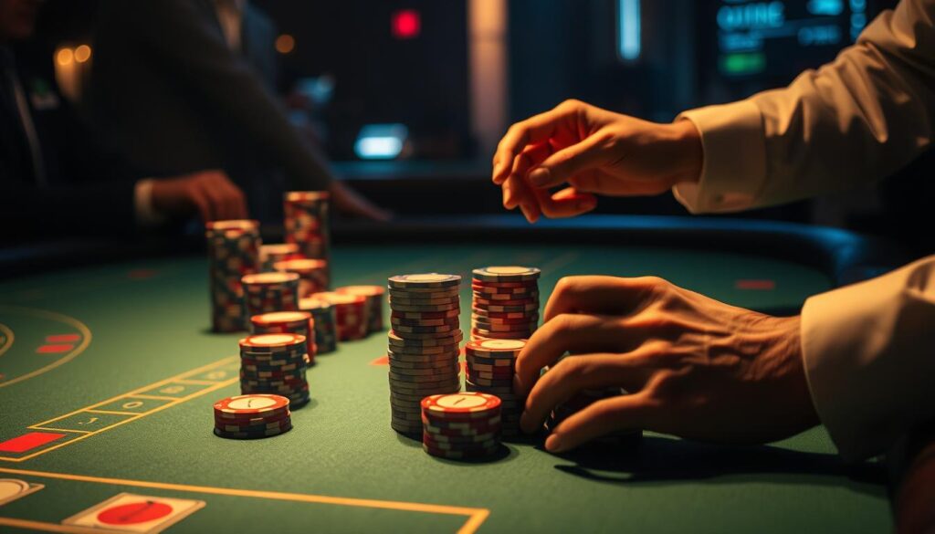 A dimly lit casino table, the green felt surface gleaming under soft, warm lighting. Stacks of casino chips in various denominations stand at the ready, casting subtle shadows. Hands carefully arrange the chips, calculating the optimal betting strategy for a game of Baccarat. The air is charged with anticipation as the players study the table, weighing their options and considering the odds. A sense of focus and intensity pervades the scene, as the players strive to devise the perfect wagering plan to maximize their chances of success.