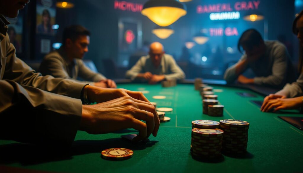 A dimly lit casino table, the green felt surface gleaming under soft, warm lighting. Stacks of chips in various denominations sit neatly arranged, awaiting the strategic placement of bets. In the foreground, a pair of hands carefully manipulate the cards, the dealer's movements precise and practiced. The background is hazy, with the faint outlines of other players leaning in, their expressions focused and intense. The atmosphere is one of concentration and calculated risk, capturing the essence of the "百家樂遊戲策略" at the heart of this thriving gaming community.