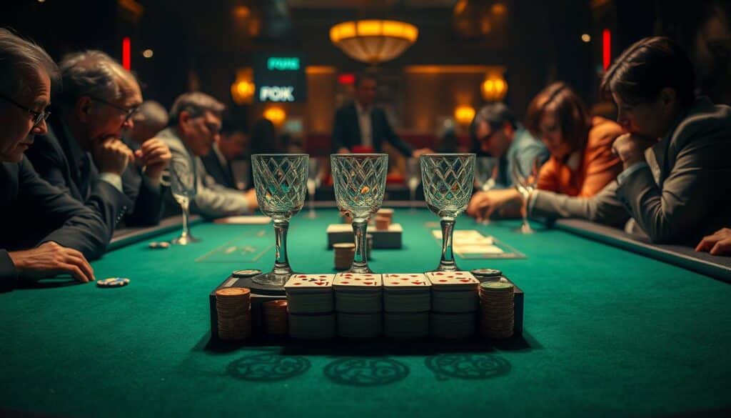 A dimly lit casino table, the green felt surface gleaming under the soft, warm lighting. Elegant crystal glasses and a deck of cards sit at the center, symbols of the game of Baccarat. Around the table, players lean in, their faces intent, as they strategize their bets, balancing logic and chance. The air is thick with anticipation, the rhythm of the cards being dealt and bets placed punctuating the hushed, focused atmosphere. In the background, the gentle hum of conversation and the occasional sound of chips shifting creates a sense of timeless, refined gaming tradition. The image captures the essence of Baccarat - a blend of skill, intuition, and the unpredictable thrill of the cards.