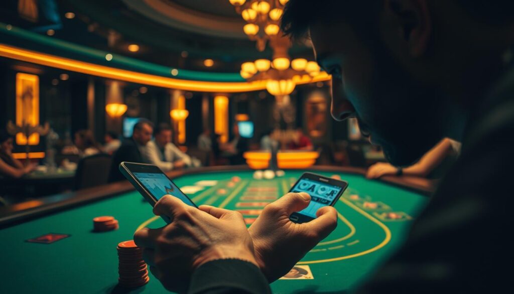 A dimly lit casino table, the green felt surface gleaming under the warm glow of overhead lamps. A hand holding a stack of casino chips carefully studies the patterns on the baize, analyzing the ebb and flow of the baccarat game. In the background, the subtle noise of shuffling cards and the murmur of players create an atmosphere of anticipation. The player's face is illuminated by the screen of a mobile device, displaying charts and graphs that track the game's progression. This scene captures the thoughtful, strategic approach to understanding the trends and dynamics of a baccarat game, a key component of successful casino consultation.