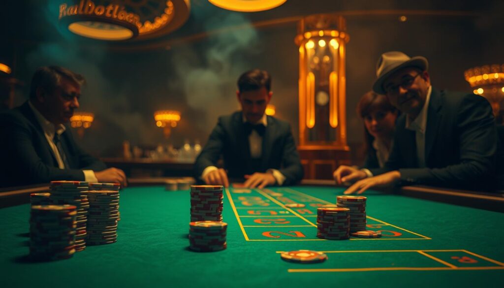 A dimly lit casino table, the green felt surface gleaming under warm, golden lighting. Delicate chips stack neatly, waiting to be wagered on the outcome of the iconic Baccarat game. The dealer, a poised and experienced professional, stands ready to guide the players through the thrilling dance of cards and probabilities. In the background, a hazy atmosphere of quiet concentration and anticipation fills the air, as seasoned gamblers lean in, intent on unlocking the secrets to consistent winnings. The scene evokes a sense of mystery, strategy, and the allure of high-stakes gaming that has captivated players for centuries.