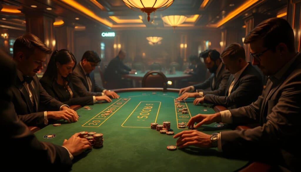A dimly lit casino table, the green felt surface gleaming under warm, golden lighting. Elegant, well-dressed players sit around the table, their faces focused as they strategically place their chips. In the background, the hazy ambiance of the casino sets the mood, with subtle hints of luxury and excitement. The camera angle is slightly elevated, capturing the scene from an overhead perspective, emphasizing the orderly arrangement of the table and the players' calculated movements as they manage their chips, embodying the "Rational Control of Funds" aspect of the baccarat gameplay.