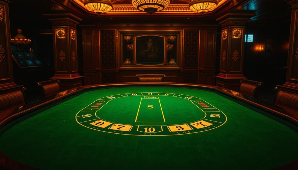 A dimly lit casino table, the green felt surface gleaming under warm overhead lighting. Ornate gold and wood accents frame the table, creating a sense of sophistication. At the center, the iconic Baccarat layout is clearly visible, with its intricate markings and sections for Player, Banker, and Tie bets. The table is unoccupied, but the air is thick with anticipation, as if the game is about to commence. The scene conveys the rules and mechanics of the classic Baccarat game, inviting the viewer to imagine the thrill and strategy of the gameplay.