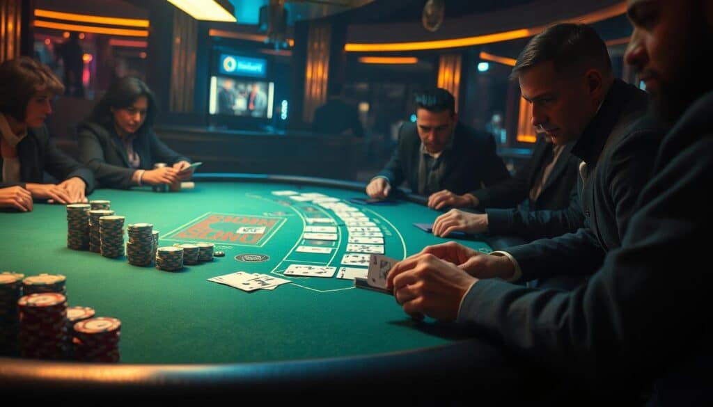 A dimly lit casino table, the green felt surface gleaming under warm overhead lighting. Stacks of colorful chips sit neatly arranged, while playing cards are fanned out, ready for a high-stakes game of Baccarat. In the center, the dealer's hands expertly shuffle the deck, the rhythmic sound of cards cutting through the air. Around the table, players lean in, their expressions intense as they study the cards, carefully contemplating their next strategic move. The atmosphere is charged with anticipation, the air thick with the thrill of the game and the promise of potential winnings. This is the scene of an effective Baccarat strategy, where skill, discipline, and a keen eye for patterns converge to maximize the chances of success.