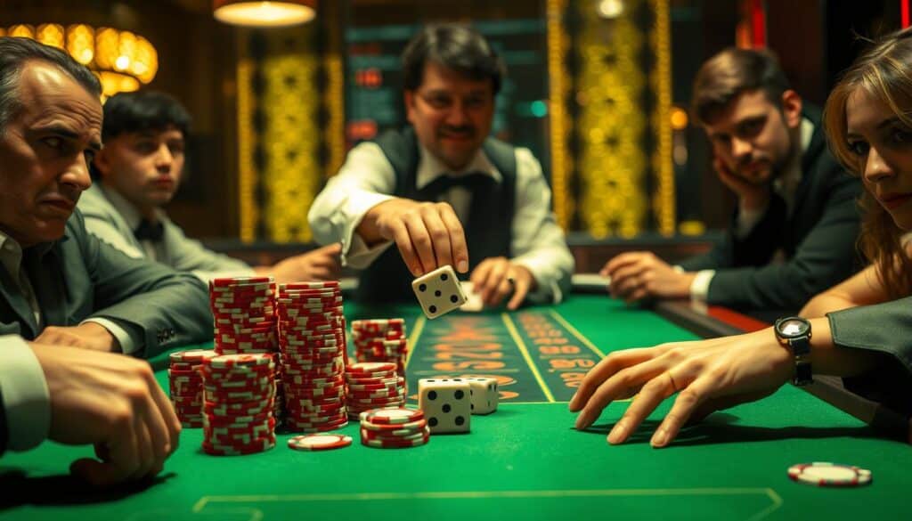A dimly lit casino table, the green felt surface gleaming under warm overhead lighting. Stacks of casino chips in various denominations are arranged neatly, hinting at strategic bets. An experienced croupier's hands deftly handle the ivory-white casino dice, poised to roll. The table is flanked by serious-faced players, their expressions focused as they carefully consider their next moves. The scene exudes an air of calculated risk and the thrill of potential winnings, capturing the essence of the "百家樂投注策略" - a carefully planned approach to the classic casino game.