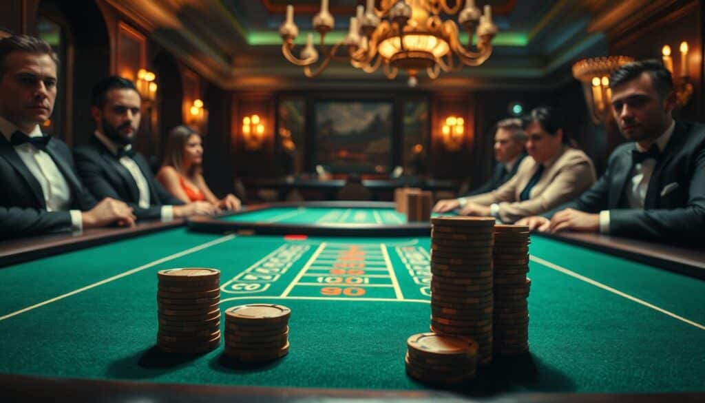 A dimly lit casino table, the green felt surface glistening under soft, warm lighting. Elegant wooden chips stand in neat stacks, ready for the game of Baccarat to commence. In the background, a luxurious interior with ornate chandeliers and plush seating creates an atmosphere of sophisticated elegance. The table is flanked by sharply dressed players, their expressions focused as they anticipate the dealer's next move. The scene evokes the thrill and allure of the classic casino experience, inviting the viewer to explore the captivating world of Baccarat.