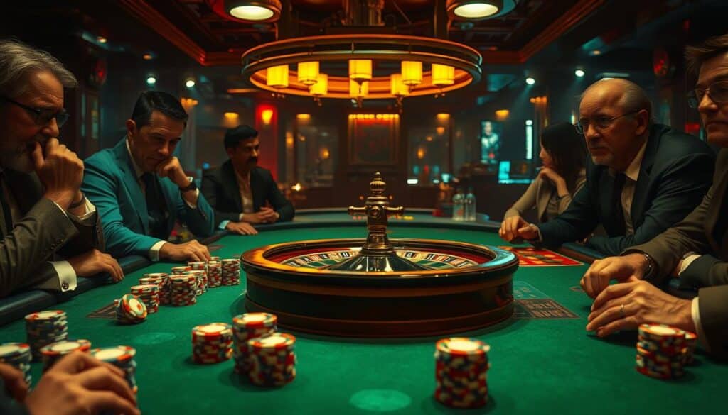A dimly lit casino table, the green felt surface glistening under the warm glow of overhead lamps. Stacks of casino chips in various denominations sit neatly arranged, waiting to be wagered. In the center, the iconic roulette wheel spins slowly, its metallic gleam catching the light. Around the table, seasoned gamblers lean in, their expressions a mix of concentration and anticipation, as they carefully consider their next move, deploying the time-honored techniques of baccarat. The atmosphere is one of quiet intensity, each player's eyes fixed on the unfolding drama, seeking to unlock the secrets of this captivating game of chance.