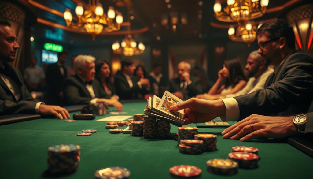 A dimly lit casino table, the green felt surface glistening under the warm glow of overhead lamps. Elegant hands shuffle a deck of cards, the sound of chips clinking as players carefully consider their next move. In the background, the hum of conversation and the occasional cheer from the crowd create an atmosphere of anticipation and excitement. The camera angles shift, capturing the game from various perspectives - the dealer's steady hands, the players' intense gazes, the stacks of chips that represent both potential winnings and risks. This is the world of baccarat, a game of strategy, chance, and the thrill of the unknown.