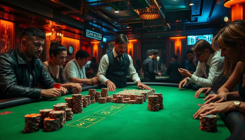 A dimly lit casino table, the green felt surface glistening under warm, amber lighting. Stacks of chips in various denominations are carefully arranged, creating a visually striking display. The dealer, dressed in a crisp, white shirt and black vest, stands poised, ready to distribute the cards. Players lean in, their expressions a mix of concentration and anticipation, as they strategize their next moves. The atmosphere is charged with the excitement of the game, the sound of chips clinking and cards shuffling creating a mesmerizing symphony. The scene captures the essence of the classic baccarat gameplay, inviting the viewer to immerse themselves in the captivating world of this time-honored casino game.