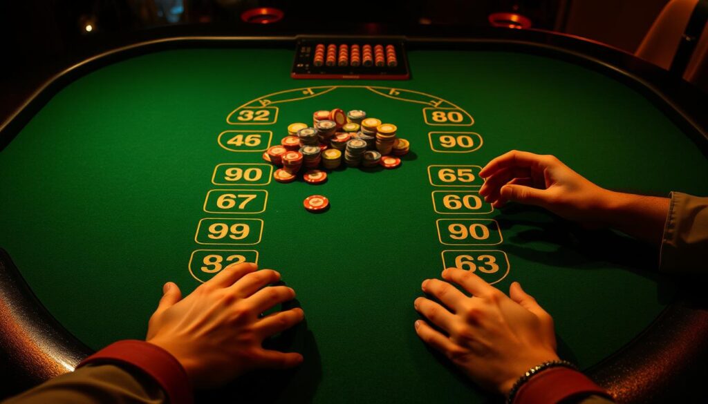 A dimly lit casino table, the green felt surface glistening under warm, ambient lighting. In the center, a pile of casino chips in various denominations, arranged in an orderly fashion. On the table, the iconic Baccarat pattern is clearly visible, its nine numerical values and three outcome possibilities laid out in a symmetrical design. Two hands, one representing the "Player" and the other the "Banker," are poised, ready to be dealt cards. The atmosphere is one of anticipation and strategy, as players contemplate their next move in this classic game of chance and skill.