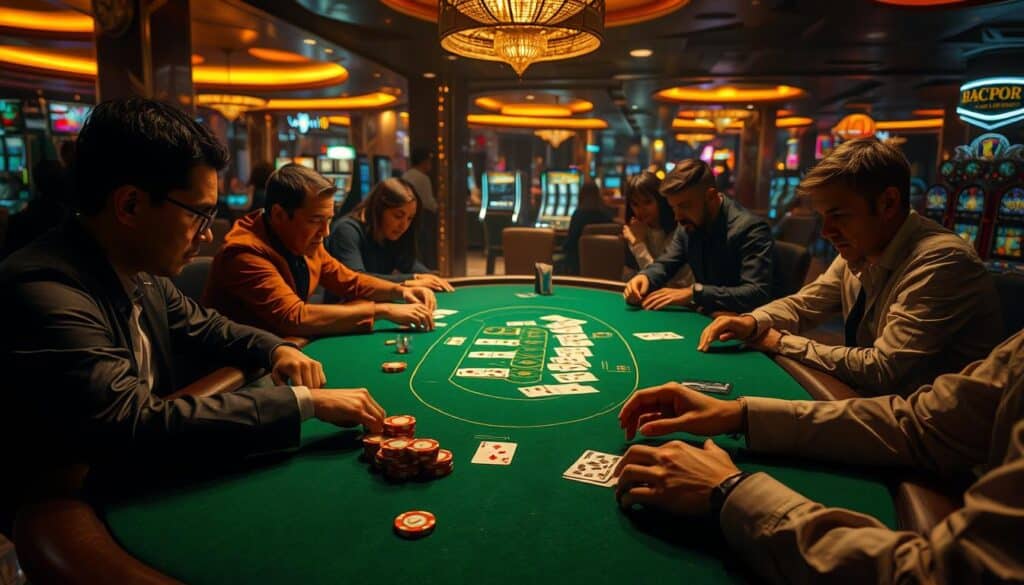 A dimly lit casino table, the green felt surface glistening under warm, golden lighting. A dealer's hands expertly shuffle and deal the cards, their movements fluid and precise. Players lean in, brows furrowed, as they study their hands and the tableau, considering their next move. The air is thick with anticipation, the sounds of chips clinking and quiet murmurs creating a sense of hushed intensity. In the background, the faint glow of slot machines and the distant chatter of the casino floor set the scene. This is the world of Baccarat, a game of skill, strategy, and the thrill of chance.