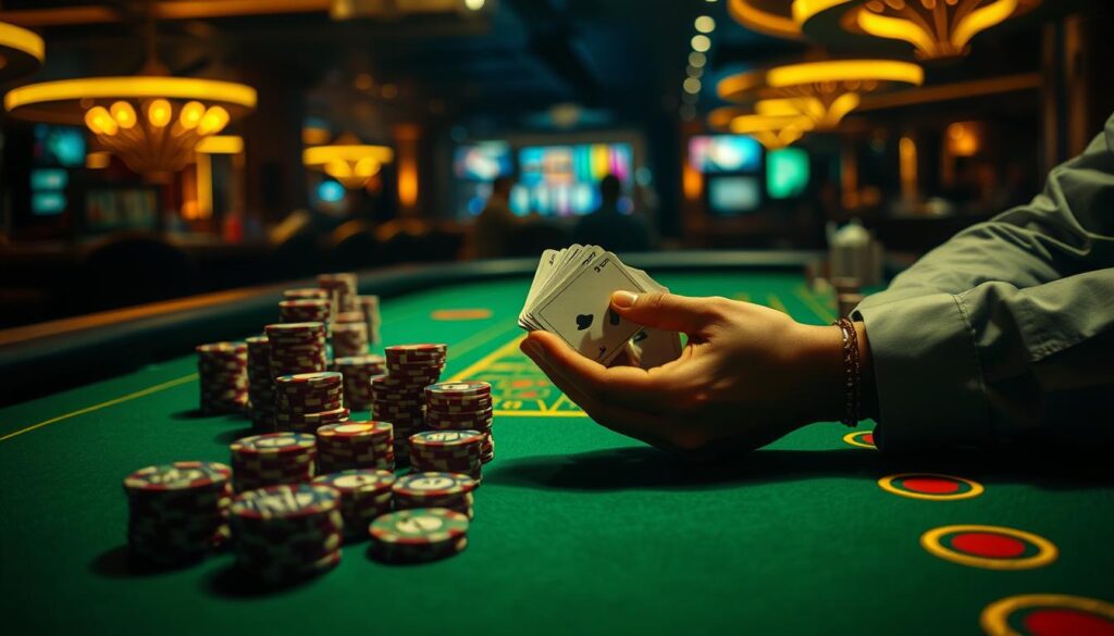 A dimly lit casino table, the green felt surface glistening under warm, golden lighting. Stacks of casino chips in various denominations sit atop the table, arranged in strategic patterns. In the foreground, a pair of hands expertly shuffles a deck of playing cards, the movements fluid and practiced. The background is slightly blurred, hinting at the bustling energy of the casino floor beyond. An air of concentration and anticipation permeates the scene, reflecting the carefully considered strategies of the Baccarat player.