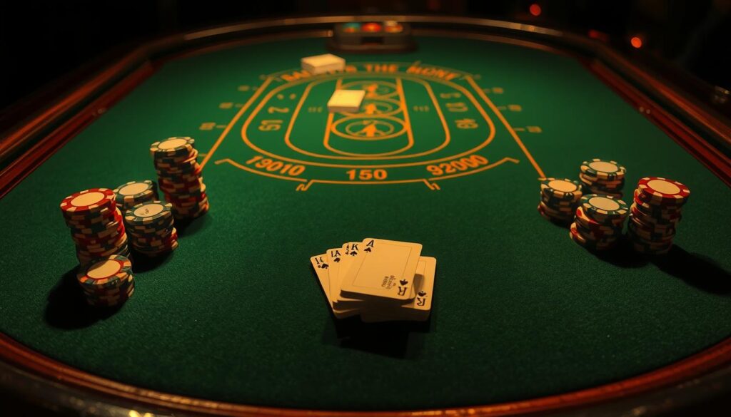 A dimly lit casino table, the green felt surface glistening under warm, low-angle lighting. Delicately stacked piles of casino chips in various denominations frame the table's edges, casting soft shadows. In the center, a deck of cards lies open, cards fanned out, hinting at the game of Baccarat about to unfold. The table's curved edges and ornate wooden trim suggest an elegant, Old World ambiance, inviting the player to step into the timeless world of this classic casino game.