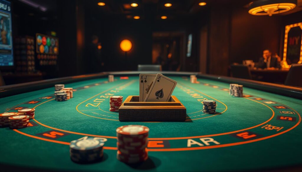 A dimly lit casino table, the green felt surface glistening under warm overhead lighting. Stacks of colorful casino chips dotting the layout, inviting players to try their luck. In the center, the iconic baccarat shoe, its wooden frame holding the cards that will determine the fate of the game. The table is empty, save for the dealer's position, hinting at the anticipation of the next round. The atmosphere is one of subtle sophistication, a sense of tradition and strategy permeating the scene. The focus is on the core elements of the baccarat game, setting the stage for a detailed exploration of its fundamental mechanics.