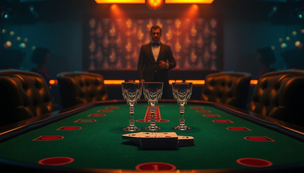 A dimly lit casino table, the green felt surface glowing softly under warm, amber lighting. Elegant crystal glasses and a deck of cards sit at the center, inviting players to partake in the classic game of Baccarat. The table is surrounded by high-backed leather chairs, creating an air of exclusivity and sophistication. In the background, a hazy silhouette of a croupier stands ready to oversee the proceedings, guiding players through the intricate rules and strategies of this timeless game of chance.