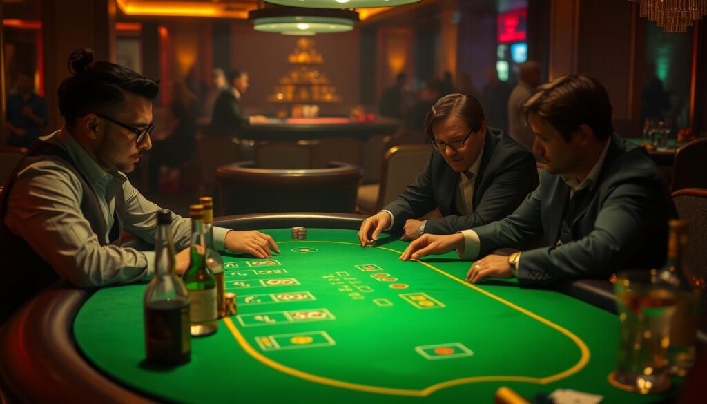 A dimly lit casino table, the green felt surface glowing softly under warm, muted lighting. Experienced players lean in, their faces a mix of concentration and subtle triumph, as they share insights and strategies for winning at baccarat. The table is adorned with elegant gold accents, creating an atmosphere of refined sophistication. Nearby, a drink cart offers a selection of fine liquors, further enhancing the ambiance of this insider's guide to baccarat success. The scene captures the essence of the article's focus - a detailed exploration of effective tactics to consistently earn profits from this classic casino game.