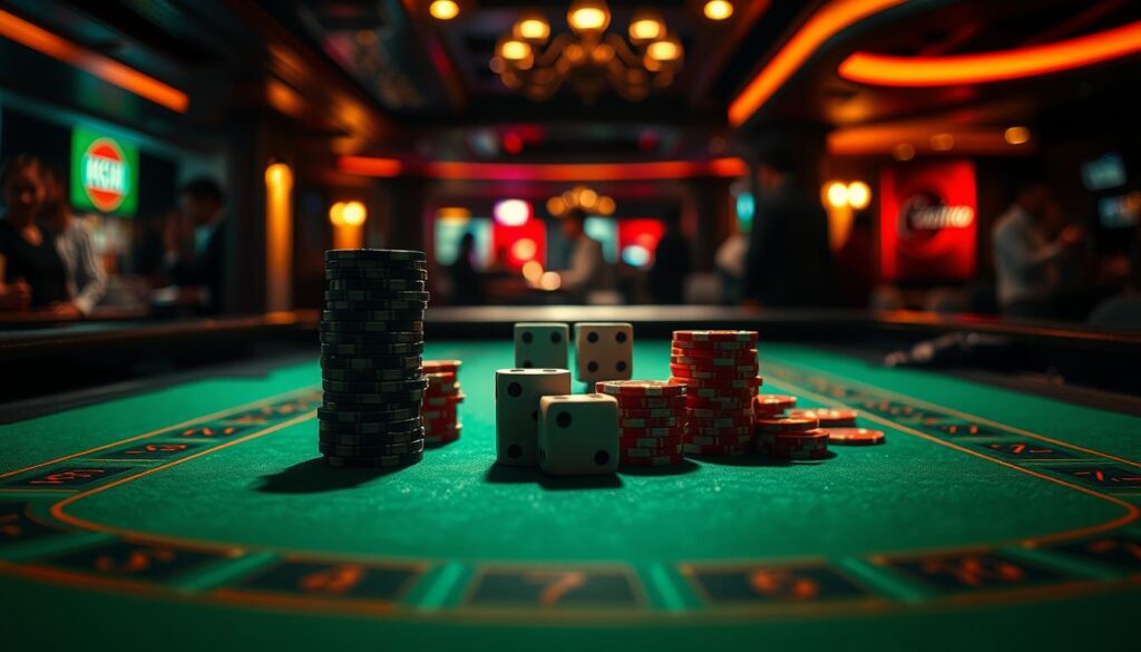 A dimly lit casino table, the green felt surface glowing under soft, warm lighting. On the table, a stack of casino chips in various denominations, each one precisely stacked, creating a visual symphony of probability and strategy. In the center, a pair of dice, their faces obscured, hinting at the unpredictable nature of the game. The atmosphere is intense, with a palpable sense of concentration and anticipation. In the background, the faint sound of shuffling cards and the murmur of nearby conversations create a sense of immersion, transporting the viewer to the heart of the casino experience. The overall composition conveys the essence of the "Martingale Betting System," a complex and potentially risky strategy that requires unwavering discipline and calculated risk-taking.