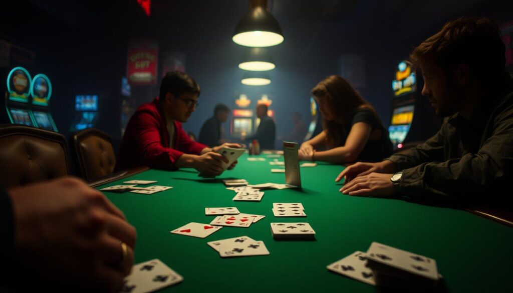 A dimly lit casino table, the green felt surface illuminated by a soft spotlight. In the foreground, playing cards are scattered, hinting at the psychological game unfolding. The middle ground features a hand of cards, the players' faces obscured, their expressions and body language conveying the tension and uncertainty of the moment. In the background, the hazy silhouettes of other players and the faint glow of slot machines create an atmosphere of intensity and intrigue. The scene is captured with a cinematic, low-angle perspective, emphasizing the high stakes and strategic nature of the game.