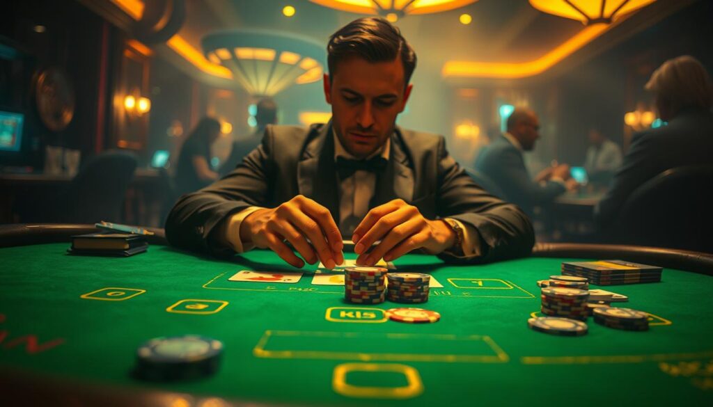 A dimly lit casino table, the green felt surface illuminated by a warm, golden glow. On the table, a series of betting chips and cards are neatly arranged, reflecting the careful strategy of an experienced baccarat player. The player's hands are carefully positioned, their expression focused as they consider their next move. In the background, the hazy atmosphere of the casino creates a sense of intensity and anticipation, with the faint sounds of shuffling cards and the murmur of other players adding to the atmosphere. The image conveys the thoughtful, analytical nature of baccarat strategy, capturing the essence of the "常見的百家樂遊戲策略" section.