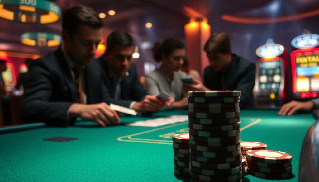 A dimly lit casino table, the green felt surface illuminated by soft, warm lighting. A dealer's hands deftly shuffles a deck of cards, and players lean in, their faces intense with concentration. In the foreground, a stack of poker chips in various denominations stands as a symbol of the game's stakes. The background is hazy, with the faint outline of other tables and the occasional flash of a slot machine. The overall atmosphere is one of quiet tension and strategic thinking, reflecting the "穩贏打法策略示例" that will guide the viewer through the complexities of baccarat gameplay.