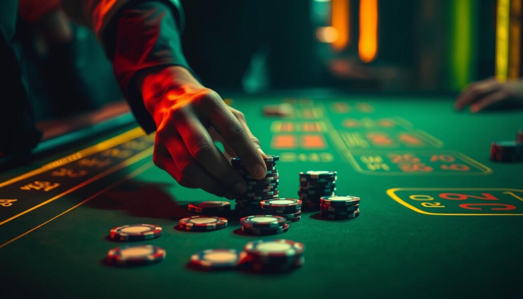 A dimly lit casino table, the green felt surface illuminated by soft, warm lighting. In the foreground, a pair of hands strategically arranging casino chips, each movement calculated and precise. The background is blurred, drawing the viewer's focus to the intricate interplay of the hands, symbolizing the psychological tactics at play in the game of baccarat. The scene is imbued with a sense of intensity and concentration, reflecting the mental fortitude required to navigate the complexities of this high-stakes casino game.