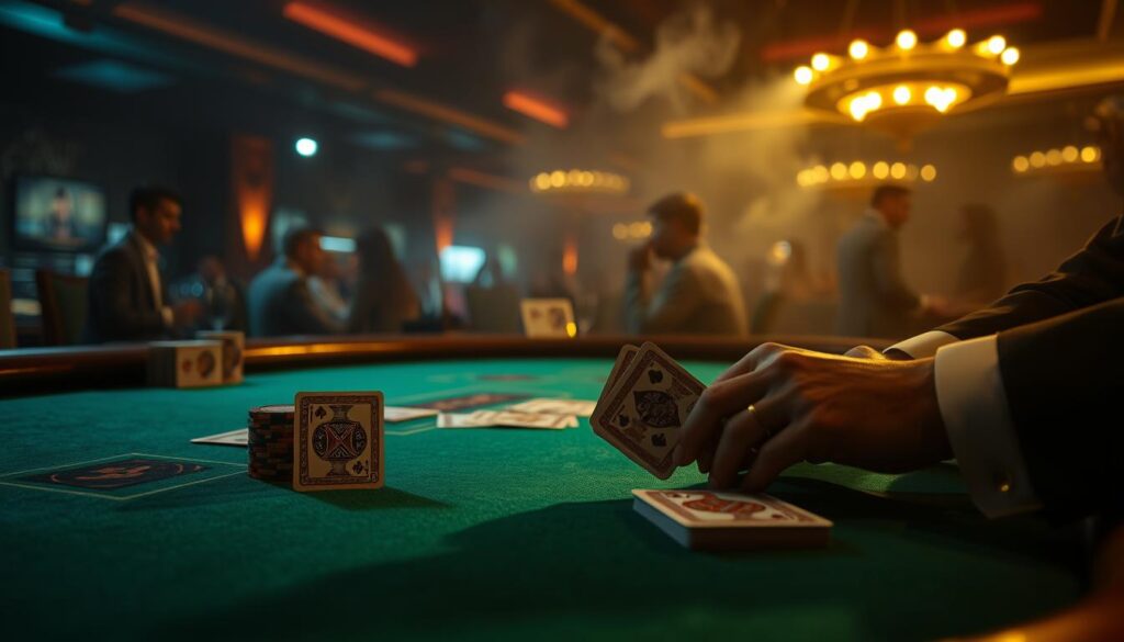 A dimly lit casino table, the green felt surface illuminated by soft, warm lighting. In the foreground, the classic Baccarat cards are neatly arranged, their intricate patterns and symbols clearly visible. The dealer's hands are poised, ready to deal the cards with a sense of precision and elegance. In the background, a subtle haze of smoke and the muted chatter of players create an atmosphere of anticipation and excitement. The scene evokes the timeless allure of the Baccarat game, with its timeless rules and the thrill of the cards' unfolding.