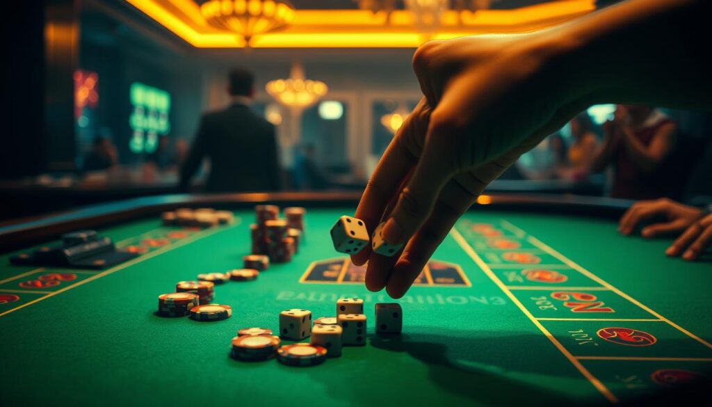 A dimly lit casino table, the green felt surface illuminated by soft, warm lighting. On the table, a collection of casino chips in various denominations are neatly arranged, hinting at a carefully considered betting strategy. In the foreground, a hand holds a pair of dice, poised to roll, capturing the tension and anticipation of the game. The background is hazy, with the faint outlines of other players and the casino's interior visible, creating a sense of immersion and atmosphere. The overall scene conveys the strategic thinking and calculated risk-taking involved in the game of Baccarat.
