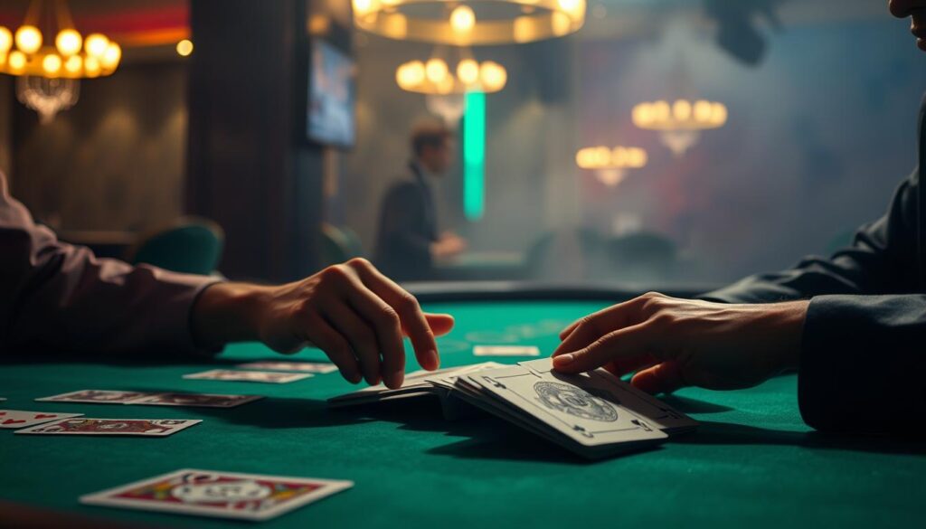 A dimly lit casino table, the green felt surface illuminated by the soft glow of overhead lamps. A deck of cards lies open, revealing the intricate patterns and symbols of a Baccarat game. The players' hands hover over the table, carefully analyzing the card placements, their expressions a mixture of concentration and anticipation. The background is hazy, with a sense of exclusivity and high-stakes excitement permeating the scene. The image captures the essence of strategizing and decision-making in the pursuit of profitable Baccarat gameplay.