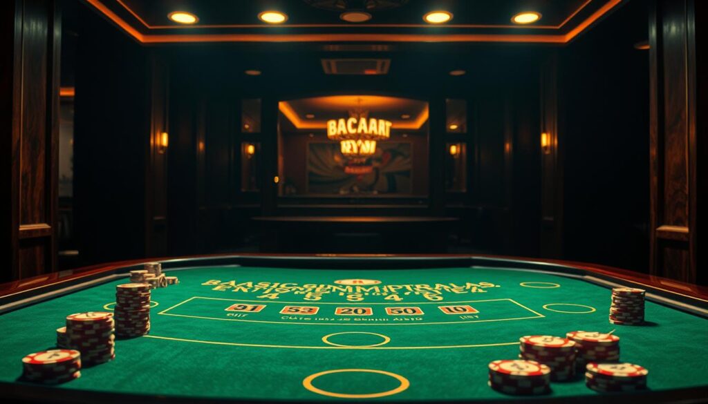 A dimly lit casino table, the green felt surface illuminated by the soft glow of overhead lights. Polished wooden edges frame the scene, while a subtle pattern of lines and shapes adds depth and texture. Stacks of casino chips in varying denominations are carefully arranged, their shiny surfaces reflecting the warm lighting. The layout of the table is precise, with designated areas for bets and payouts. The atmosphere is one of quiet concentration, as players strategize their moves, creating an air of anticipation and excitement. A sense of elegance and refinement pervades the setting, inviting the viewer to immerse themselves in the captivating world of Baccarat gameplay.