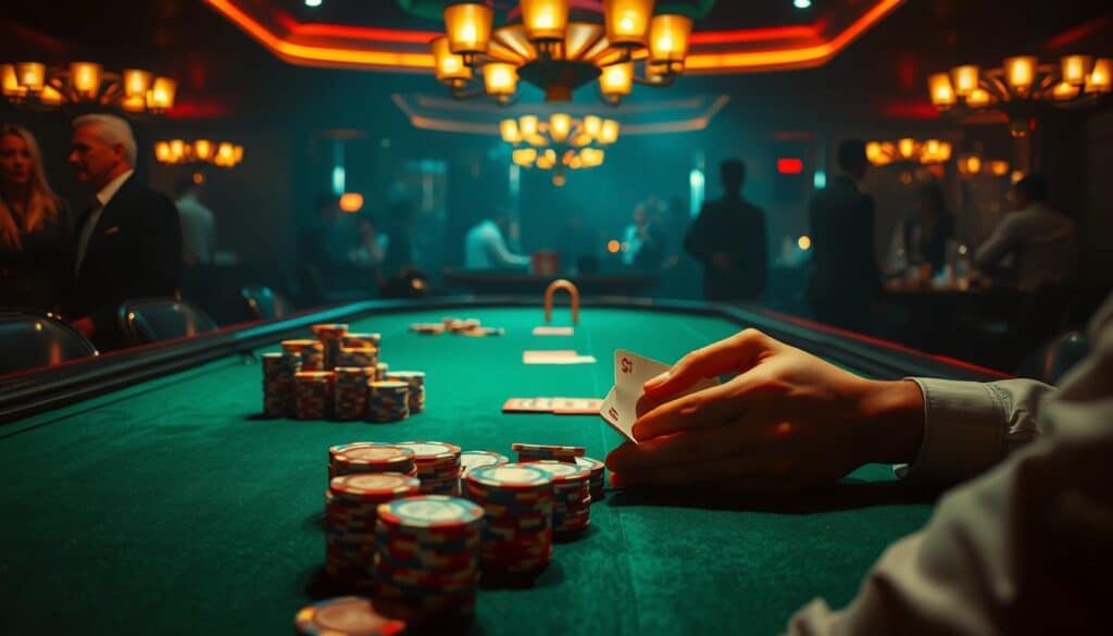 A dimly lit casino table, the green felt surface illuminated by the warm glow of overhead lights. Stacks of colorful chips sit in neat piles, while a pair of hands expertly shuffles a deck of cards. In the background, the faint hum of conversation and the occasional clink of glasses create an atmosphere of anticipation and risk. The scene exudes a sense of cautionary tale, a warning to the unwary about the potential pitfalls of the alluring game of baccarat.